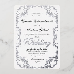 Elegant Silver Flourish Border Wedding Foil Invitation