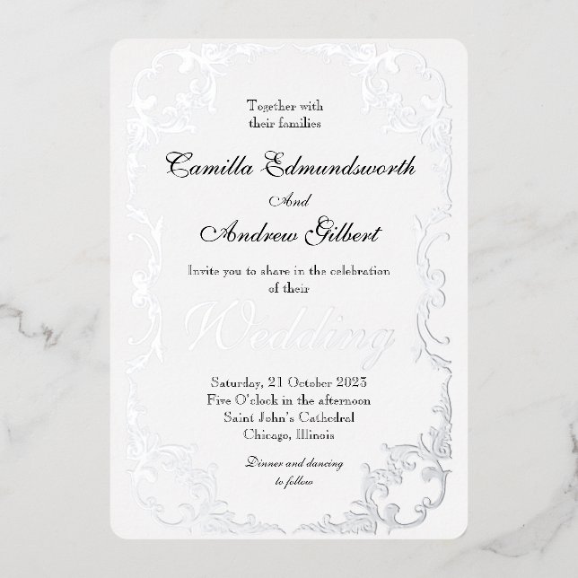 Elegant Silver Flourish Border Wedding Foil Invitation (Front)