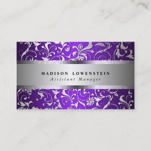 Elegant Silver Flourish Ornate Pattern Purple Business Card