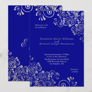 Elegant Silver Flower Swirls  Navy Blue Wedding Invitation