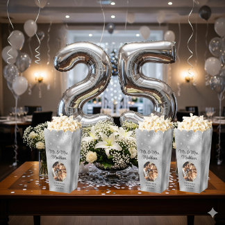 Elegant Silver Foil & 25th Anniversary Popcorn Favor Boxes