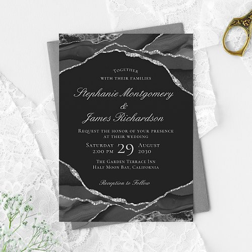 Elegant Silver Foil Black Agate Wedding Invitation