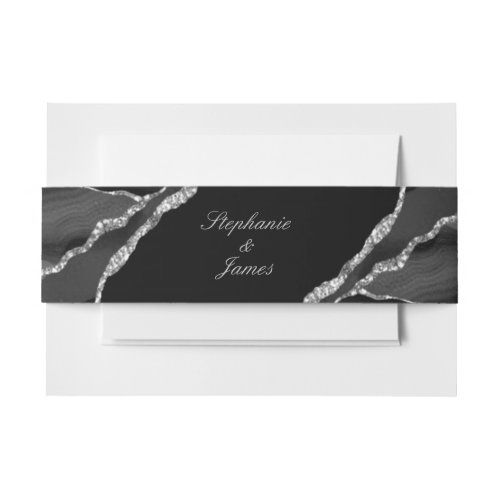 Elegant Silver Foil Black Agate Wedding Invitation Belly Band