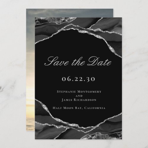 Elegant Silver Foil Black Agate Wedding Photo Save The Date