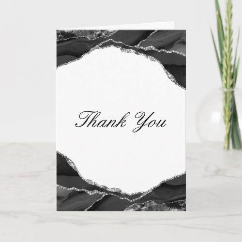 Elegant Silver Foil Black Agate Wedding Photo Thank You Card