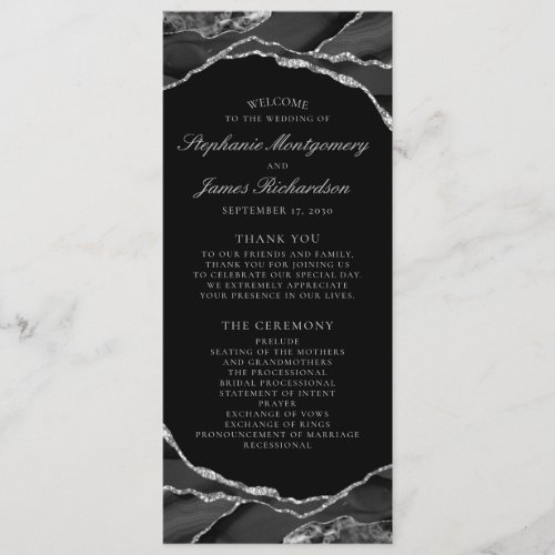 Elegant Silver Foil Black Agate Wedding Program