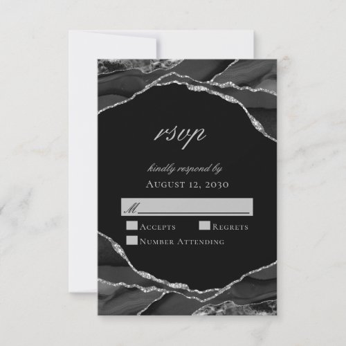Elegant Silver Foil Black Agate Wedding RSVP Card