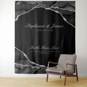 Elegant Silver Foil Black Agate Wedding Tapestry