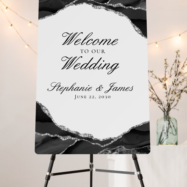 Elegant Silver Foil Black Agate Wedding Welcome Foam Board (In Situ (Stand))