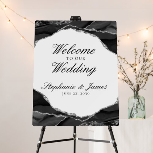 Elegant Silver Foil Black Agate Wedding Welcome Foam Board