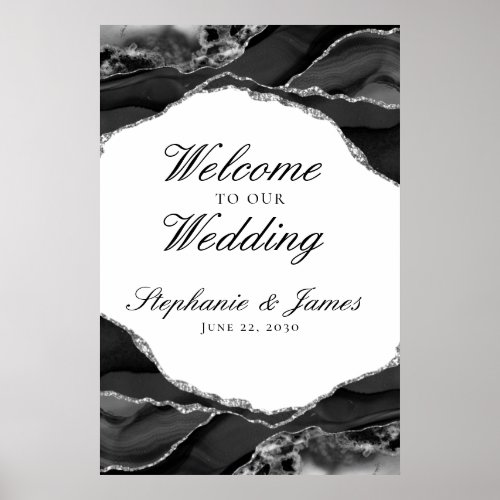 Elegant Silver Foil Black Agate Wedding Welcome Poster
