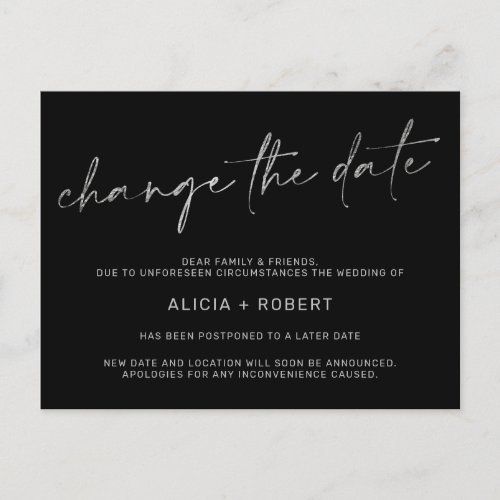 Elegant silver foil black wedding change the date announcement postcard