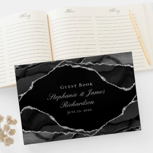 Elegant Silver Foil Black White Agate Wedding Guest Book