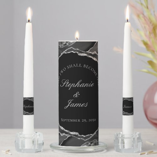 Elegant Silver Foil Black White Agate Wedding Unity Candle Set