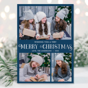 Elegant silver foil blue Merry Christmas 3 photo Foil Holiday Card