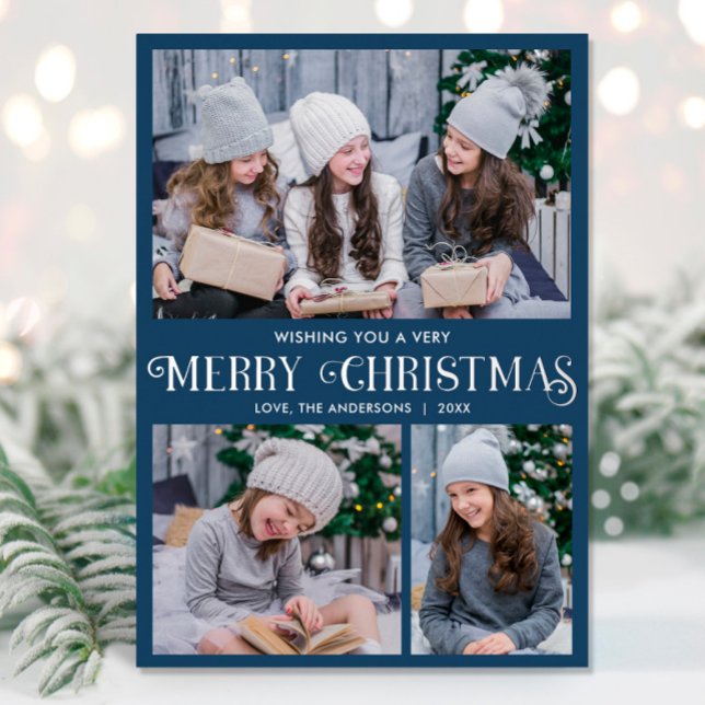 Elegant silver foil blue Merry Christmas 3 photo Foil Holiday Card (Creator Uploaded)