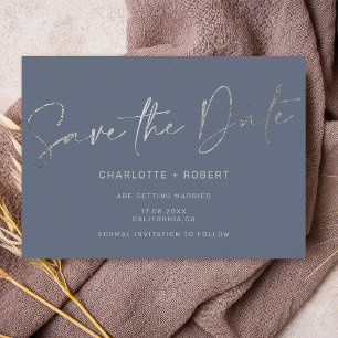 Elegant silver foil blue wedding save the date announcement postcard