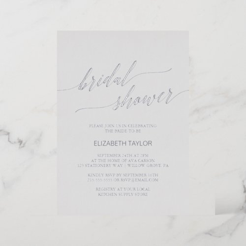 Elegant Silver Foil Calligraphy Gray Bridal Shower Foil Invitation