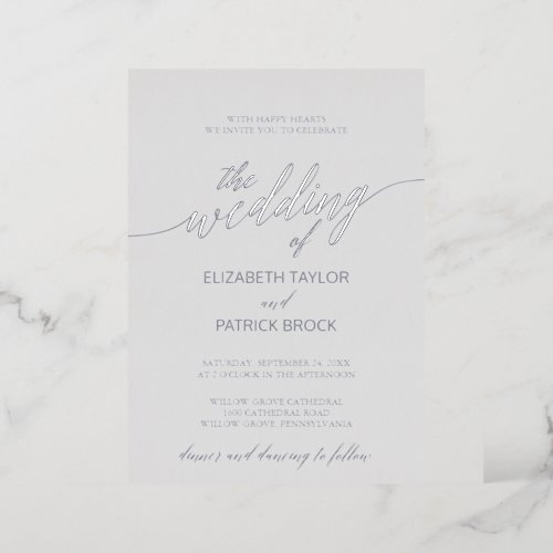 Elegant Silver Foil Calligraphy  Gray Wedding Foil Invitation