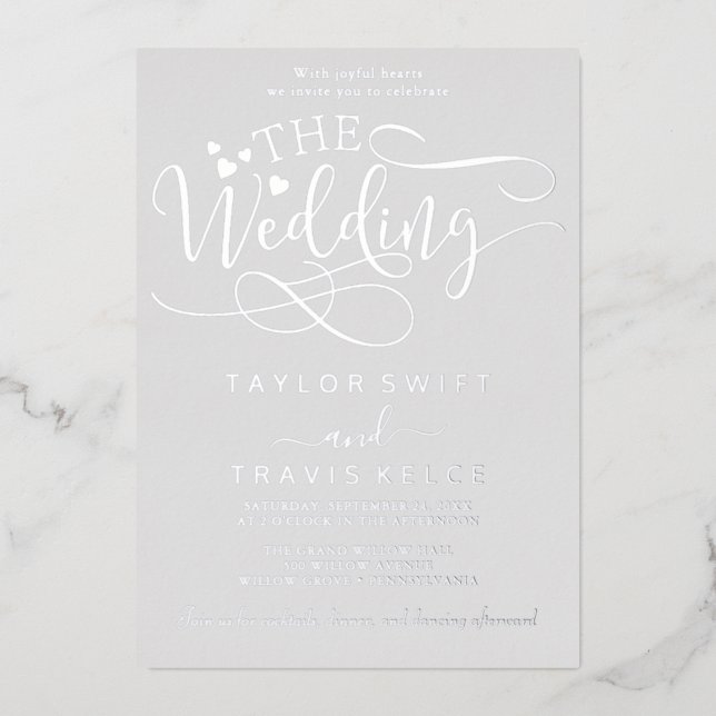 Elegant Silver Foil Calligraphy | Gray Wedding  Invitation (Front)