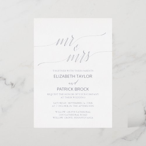 Elegant Silver Foil Calligraphy Mr  Mrs Wedding Foil Invitation
