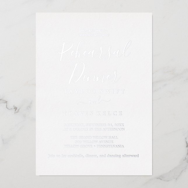 Elegant Silver Foil | Calligraphy Rehearsal Dinner Foil Invitation (Front)