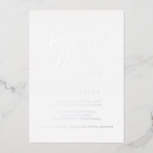 Elegant Silver Foil | Calligraphy Rehearsal Dinner Invitation (Front)