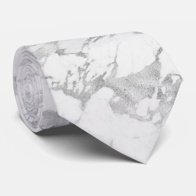 Elegant Silver Foil Chic White Marble Neck Tie (Rolled)