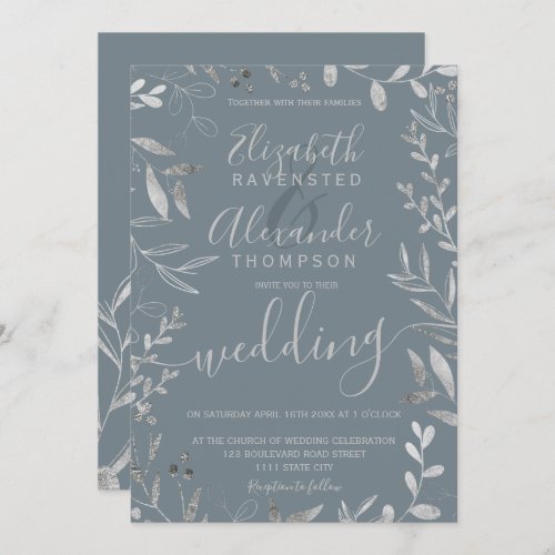 Elegant silver foil dusty blue floral wedding invitation