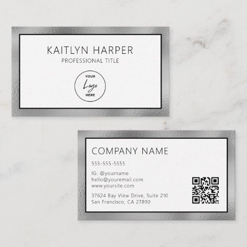 Elegant Silver Foil Edged Logo QR Code Business Card