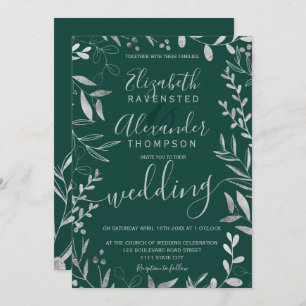 Elegant silver foil emerald green floral wedding invitation