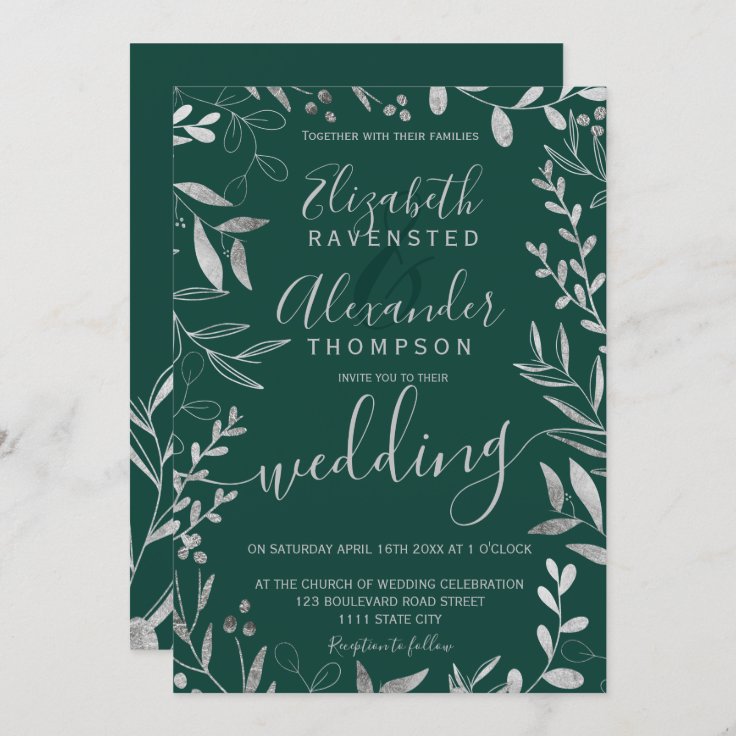 Elegant silver foil emerald green floral wedding invitation | Zazzle