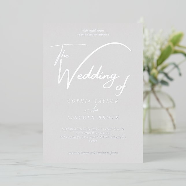 Elegant Silver Foil Gray Flourish Wedding  Invitation (Standing Front)