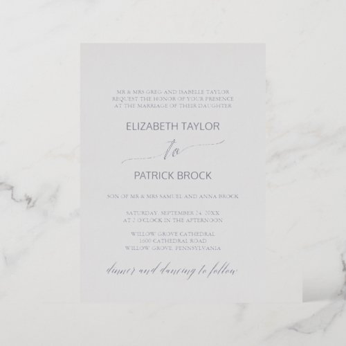 Elegant Silver Foil  Gray Formal Wedding Foil Invitation