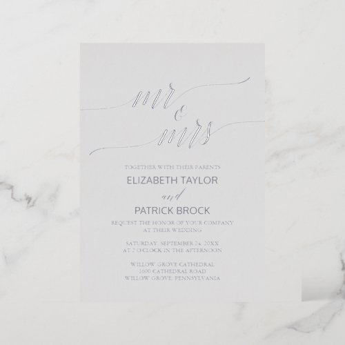 Elegant Silver Foil  Gray Mr  Mrs Wedding Foil Invitation