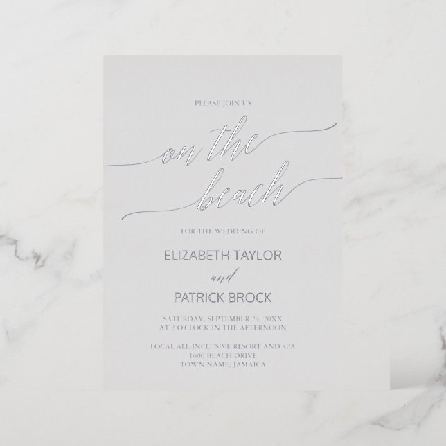 Elegant Silver Foil | Gray On The Beach Wedding Foil Invitation (Standing Front)