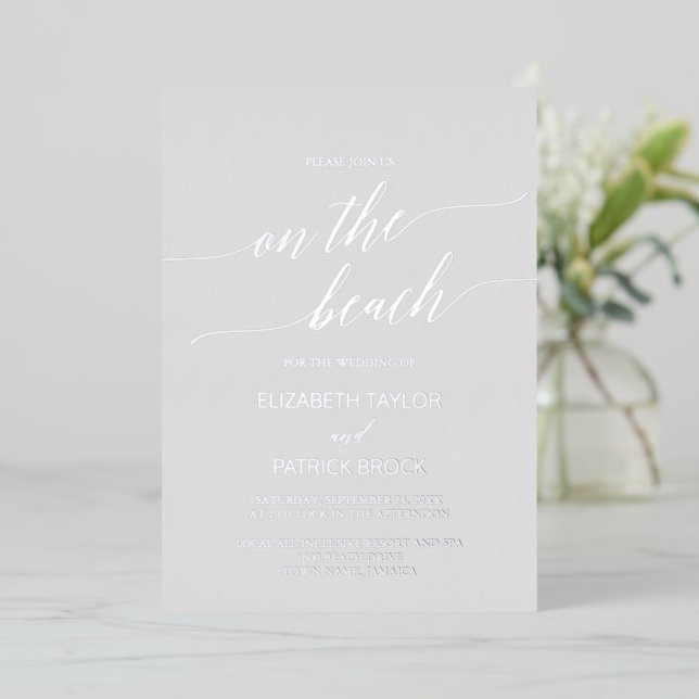 Elegant Silver Foil | Gray On The Beach Wedding Invitation (Standing Front)