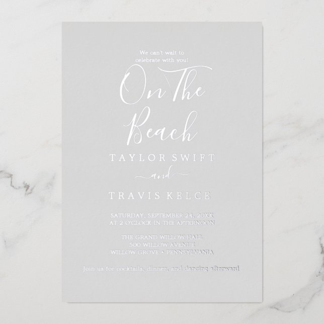 Elegant Silver Foil | Gray On The Beach Wedding  Invitation (Front)