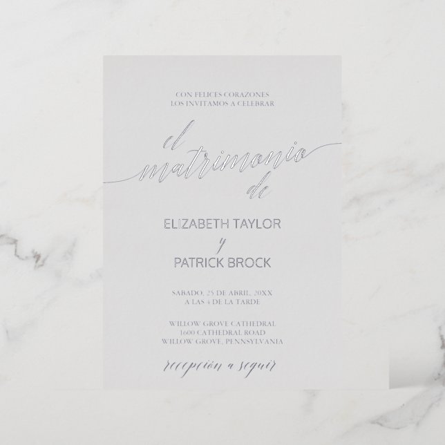 Elegant Silver Foil | Gray Spanish Wedding Foil Invitation (Standing Front)