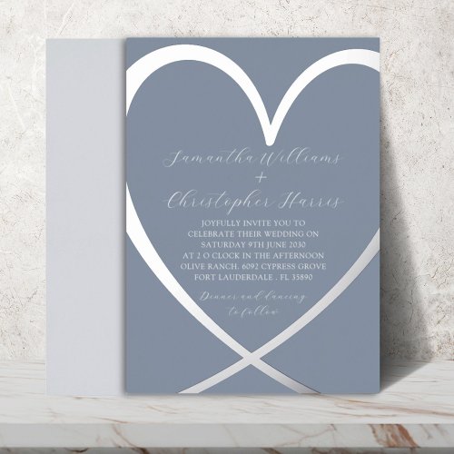 Elegant Silver Foil Heart  Dusty blue Wedding Foil Invitation