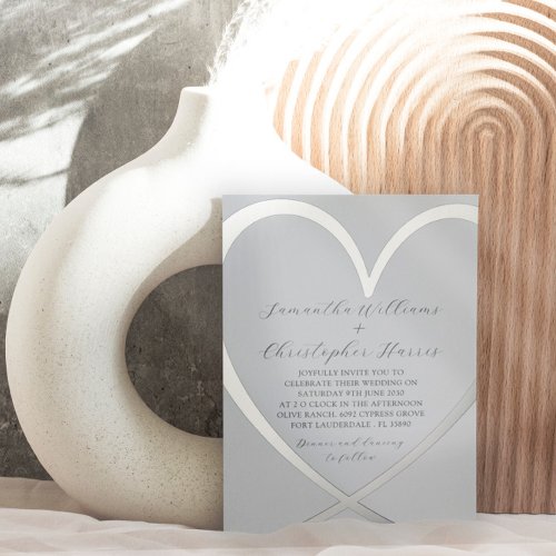 Elegant Silver Foil Heart Dusty Blue Wedding  Foil Invitation