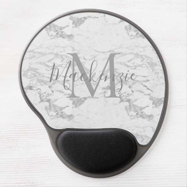 Elegant Silver Foil Marble Monogram Gel Mouse Pad (Front)