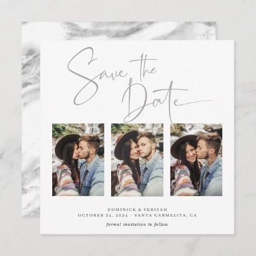 Elegant Silver Foil Marble Wedding Save the Date