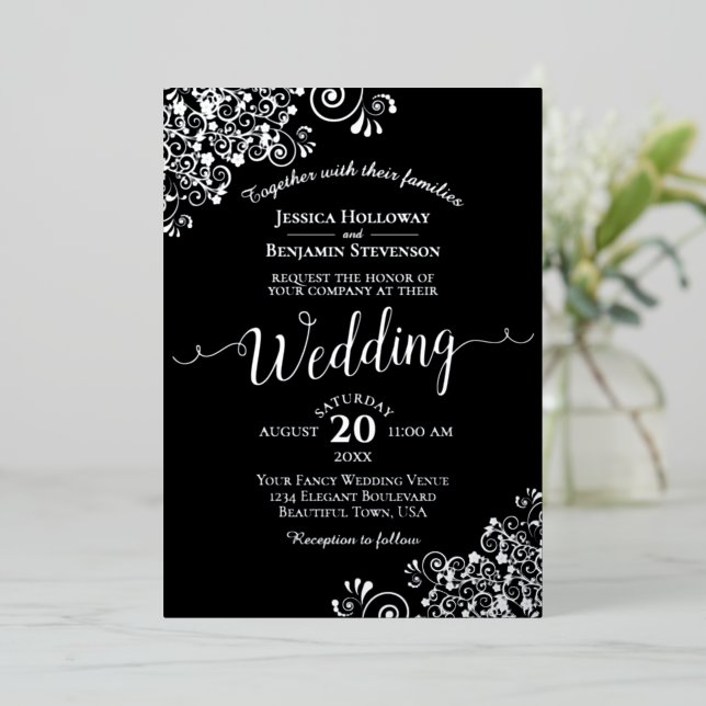 Elegant Silver Foil on Black Classic Wedding Invitation (Standing Front)