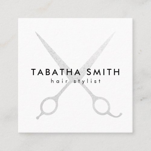 Elegant silver foil scissors hair stylist salon square business card