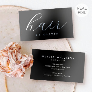 Elegant Silver Foil Script Hair Stylist Black Gray Business Cards