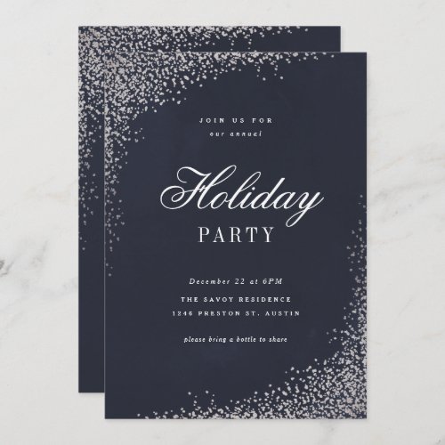 Elegant Silver Foil Script Holiday Party Invitation