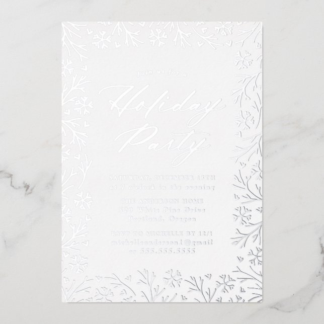 Elegant Silver Foil Snowflake Holiday Party Invitation (Front)