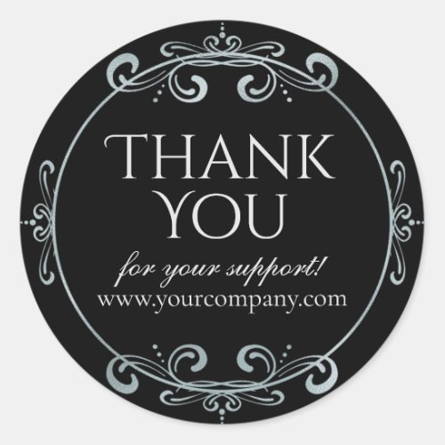 Elegant Silver Foil Swirls Luxury Black Thank You Classic Round Sticker