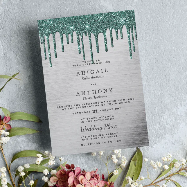 Elegant silver forest green glitter drips wedding invitation Zazzle